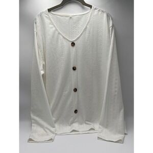Unbranded White Eyelet Pointelle Knit V-Neck Button Front Top Womens 2XL